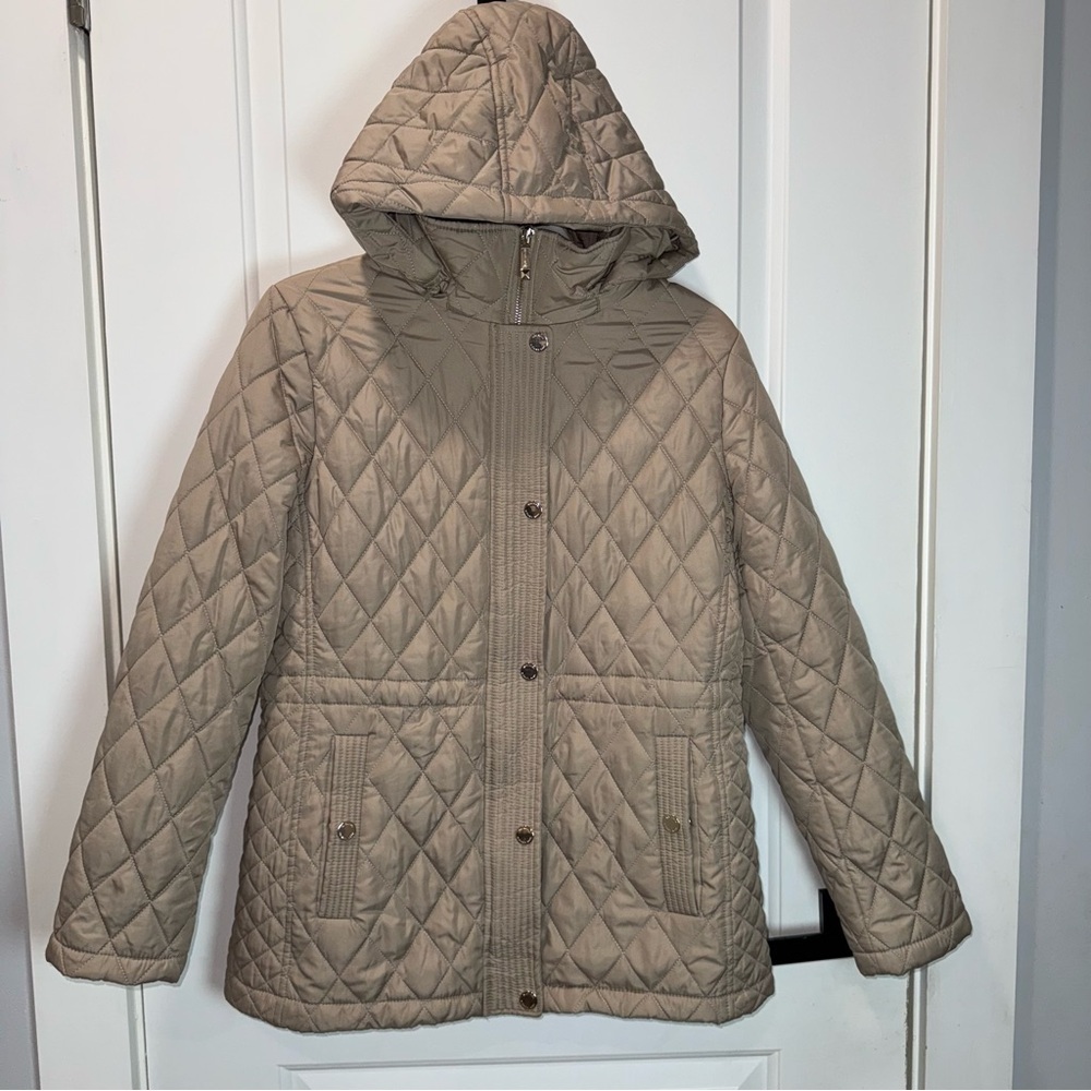 Michael Kors Women's Quilted Anorak Jacket Tan Hooded Zip Front Coat Size M